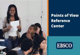 Woman holding a paper while talking to a group. Text reads Points of View Reference Center EBSCO