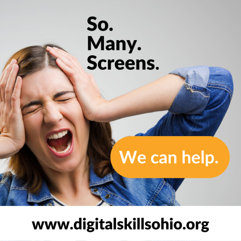 A woman with her eyes closed and hands held to her head. Text reads: so many screens.